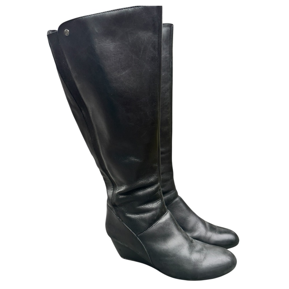 Hush Puppies Black Leather Wedge Heel Knee High Boots Womens Thinsulate 10
